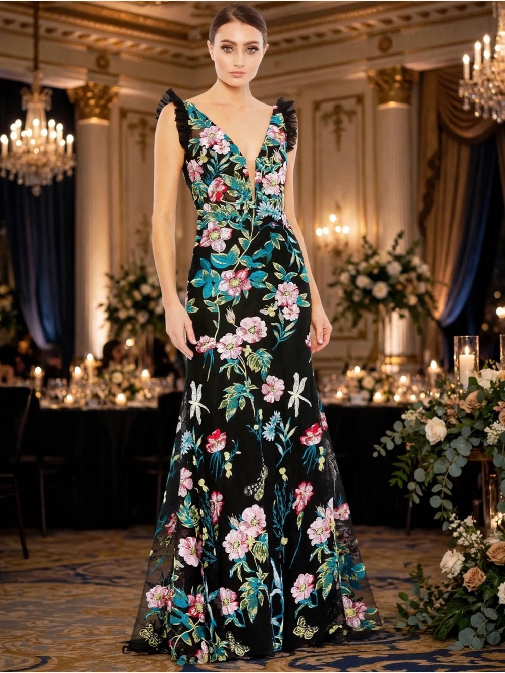 Mac Duggal Black Floral V-Neck Evening Gown with flutter sleeves size 6. NWT - Picture 4 of 15
